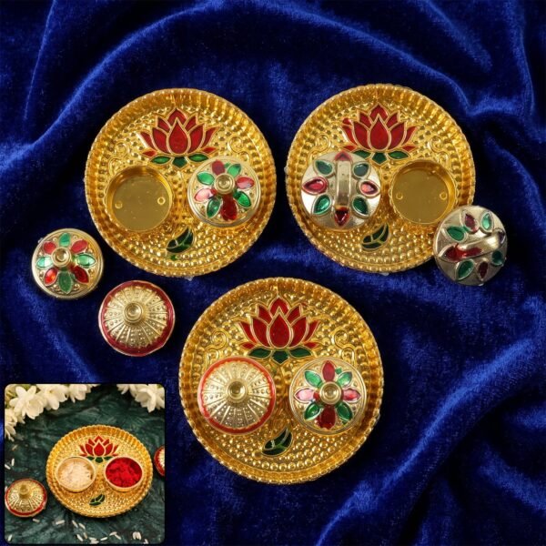 Round Kankavati Kumkum Holder Decorative Pooja Thali with Lotus Design (1 Pc)