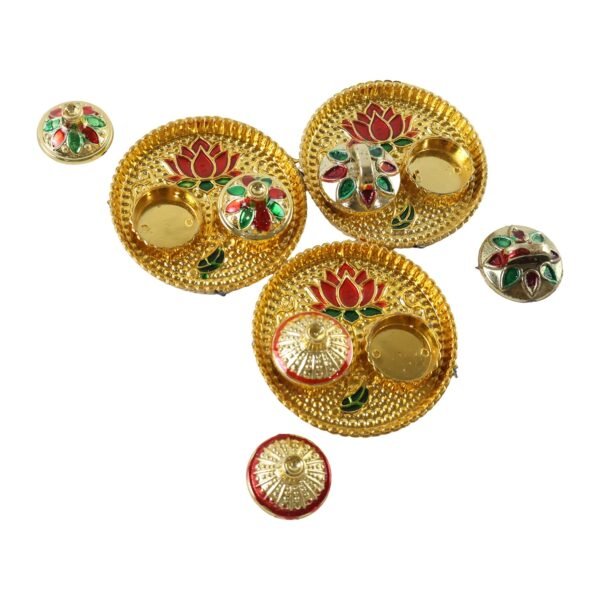 Round Kankavati Kumkum Holder Decorative Pooja Thali with Lotus Design (1 Pc)