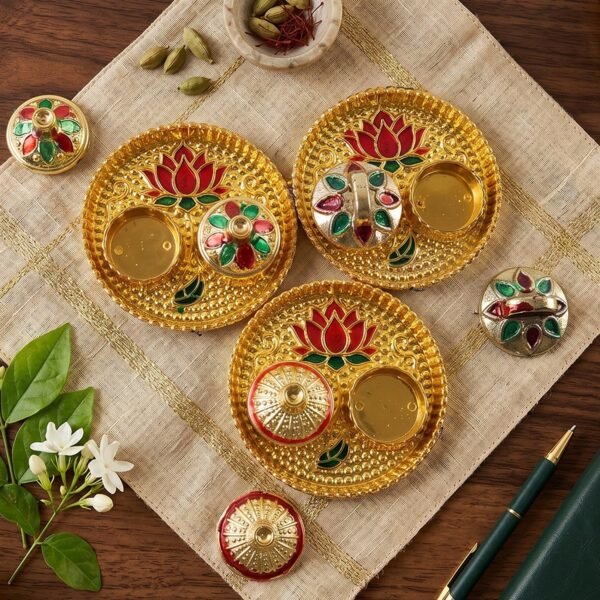 Round Kankavati Kumkum Holder Decorative Pooja Thali with Lotus Design (1 Pc)
