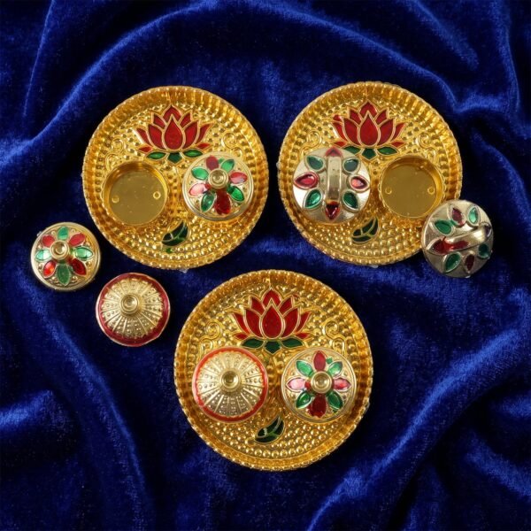Round Kankavati Kumkum Holder Decorative Pooja Thali with Lotus Design (1 Pc)