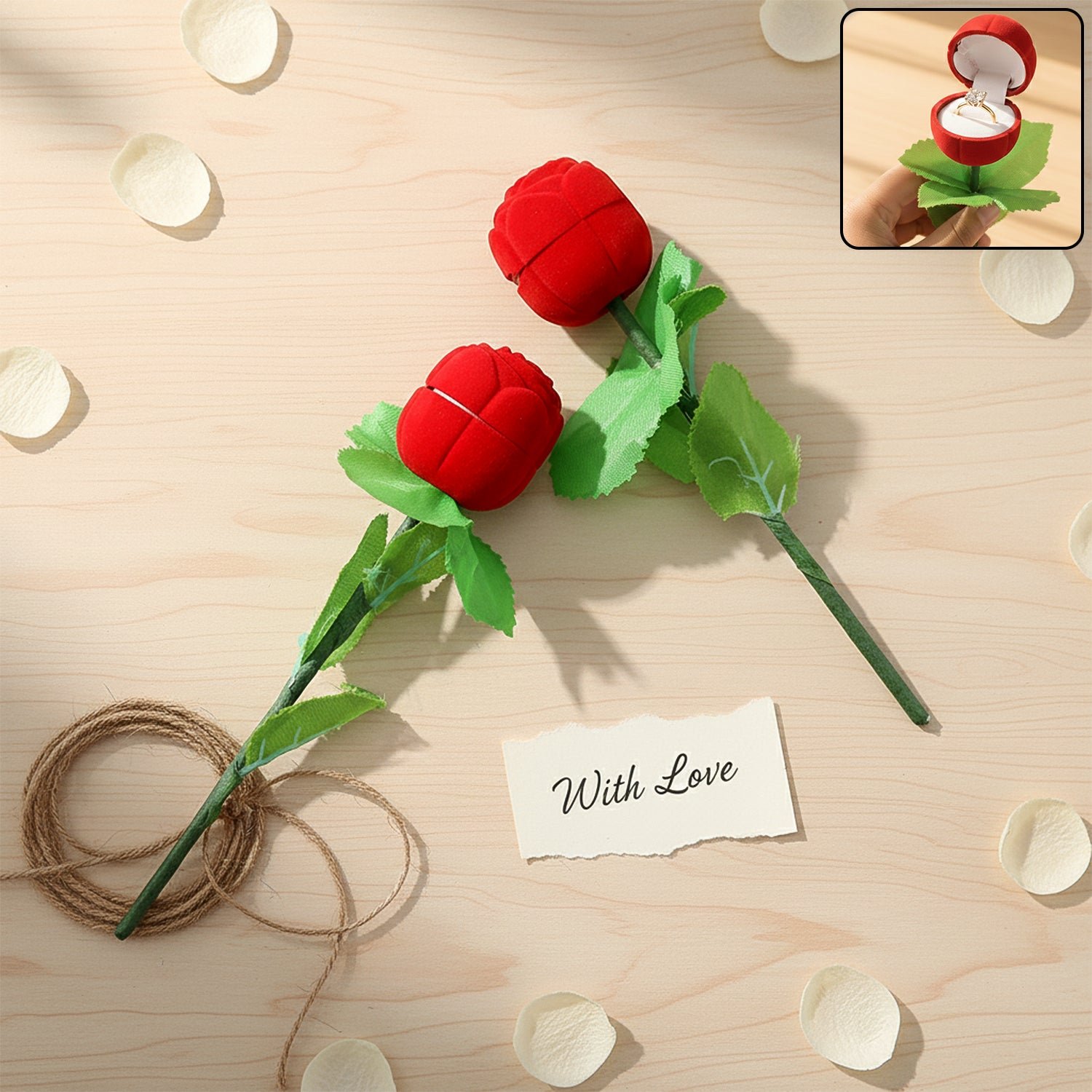 Artificial Rose Ring Box Set – 2 Piece Flower-Shaped Gift
