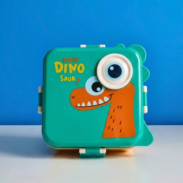 steel Kids Dinosaur Lunch Box Bento Tiffin with Steel Tray Spoon Sauce Cup (1 Set)