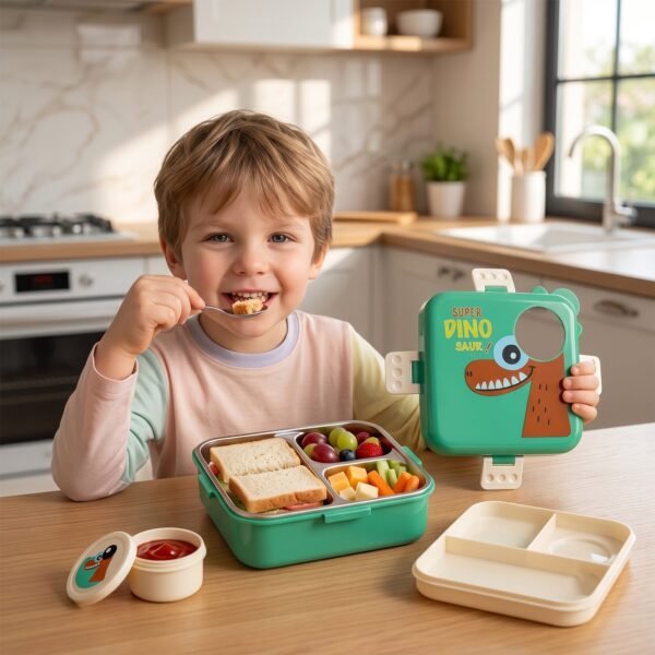 steel Kids Dinosaur Lunch Box Bento Tiffin with Steel Tray Spoon Sauce Cup (1 Set)