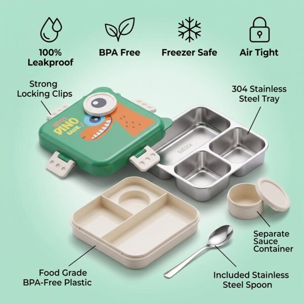 steel Kids Dinosaur Lunch Box Bento Tiffin with Steel Tray Spoon Sauce Cup (1 Set)