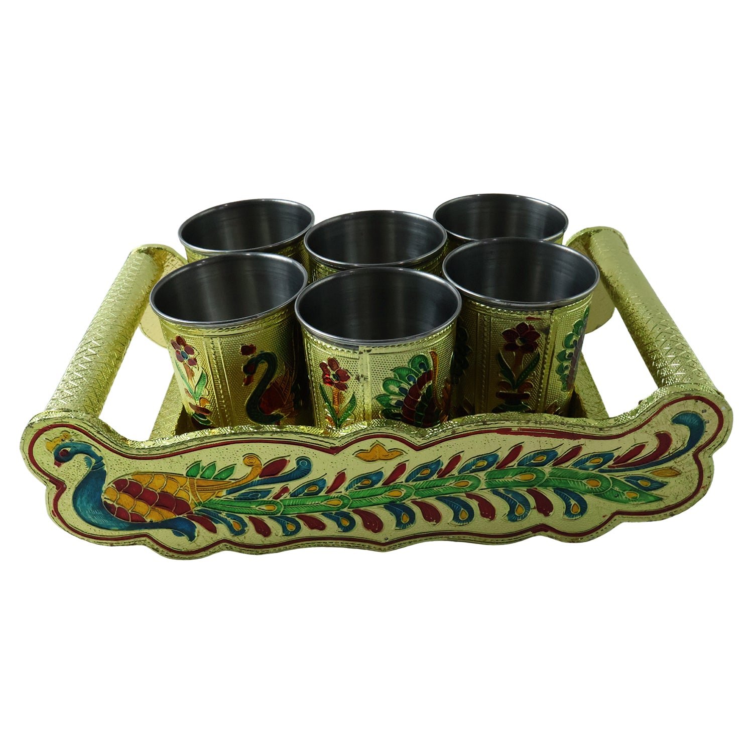 Minakari Serving Tray Set – Peacock Design Glasses | Indo Glow