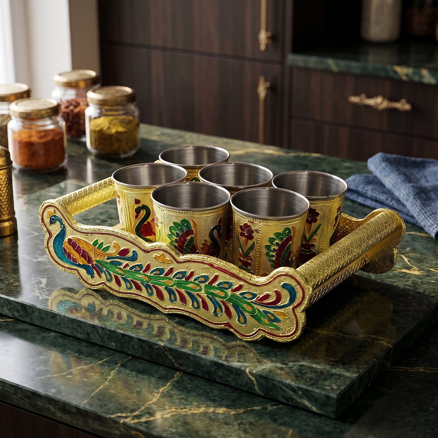 ServingGlassTrayWithHandle-05 Minakari Serving Tray Set – Peacock Design Glasses | Indo Glow