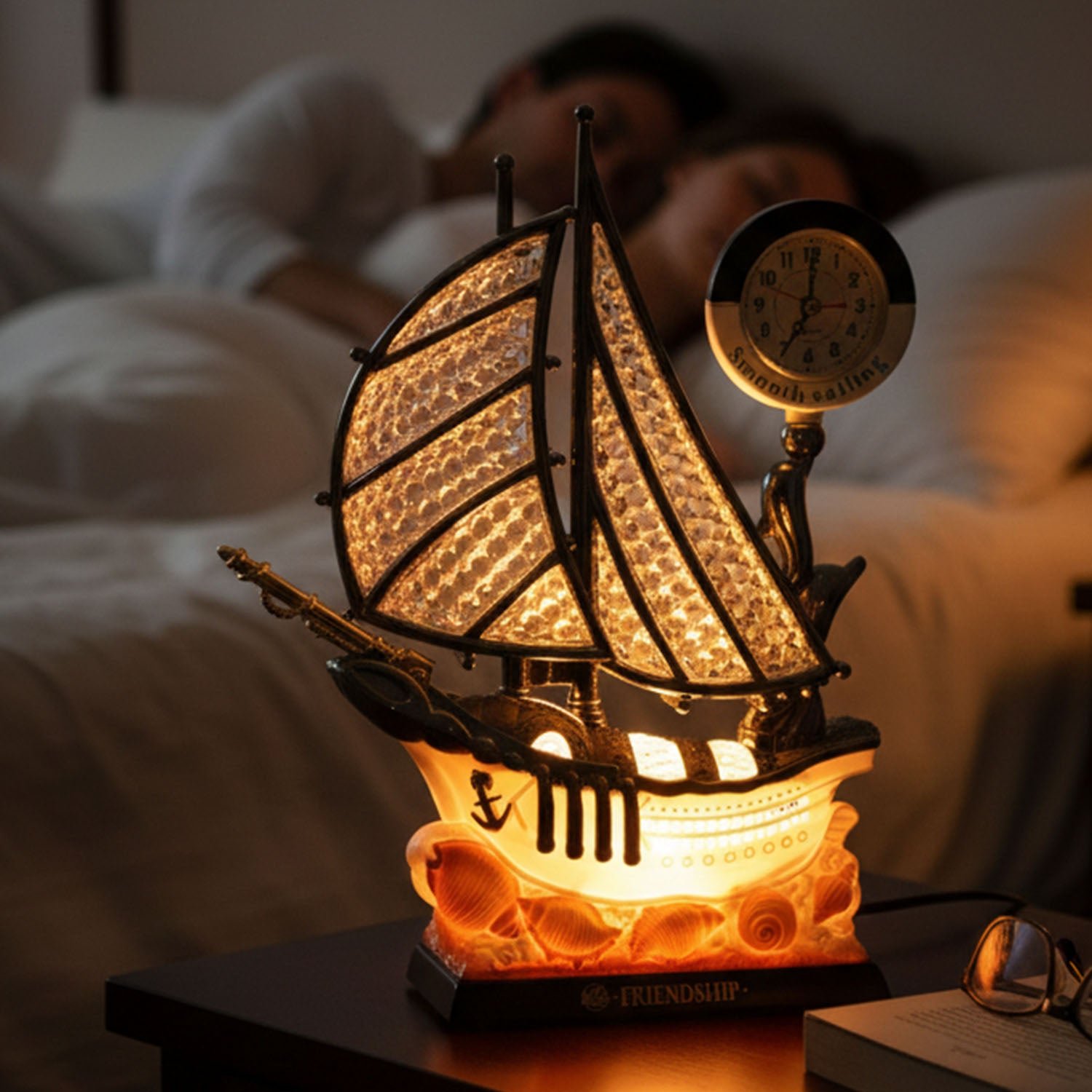 Ship Shape Clock Lamp – Nautical Decorative Table Lamp with Warm LED