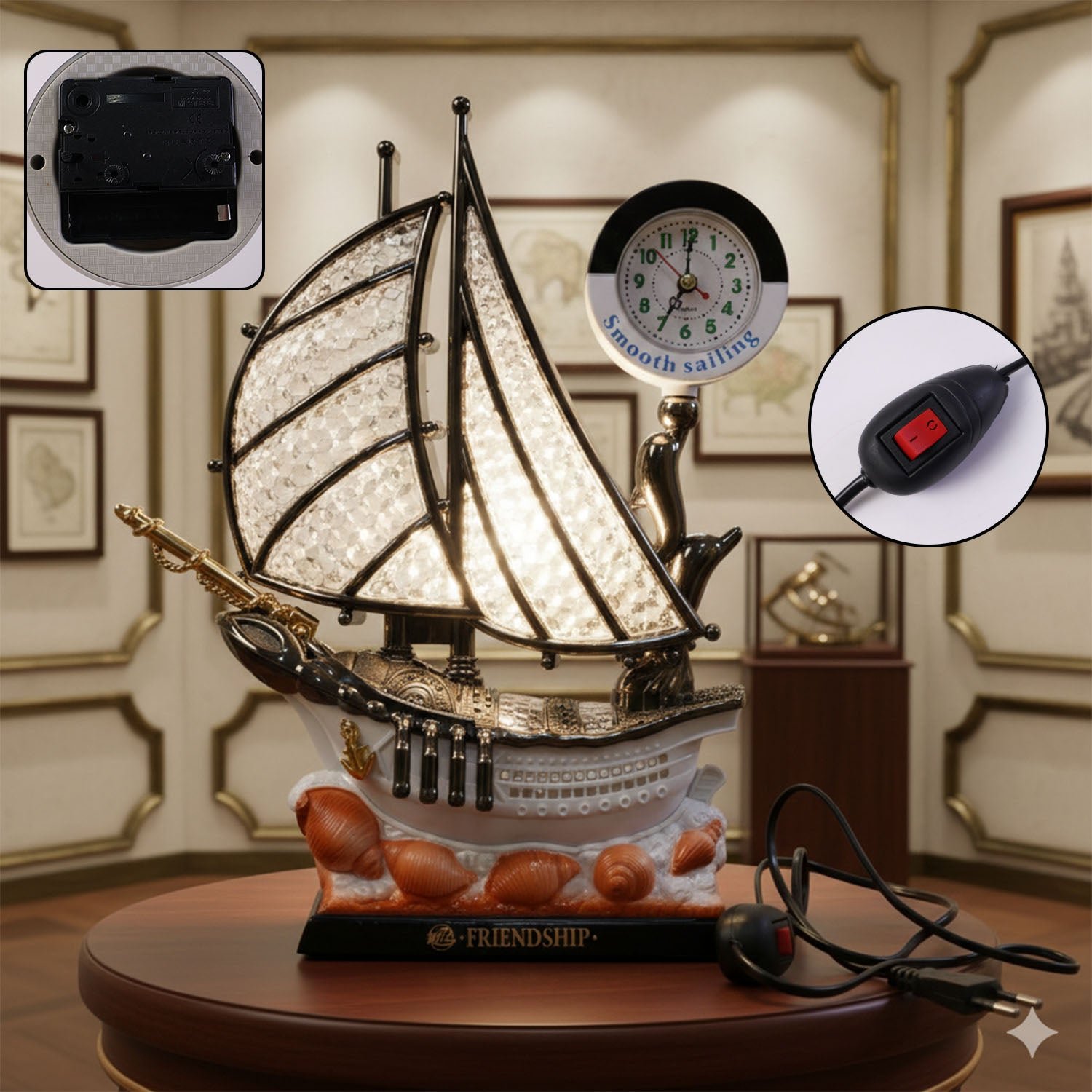 Ship Shape Clock Lamp – Nautical Decorative Table Lamp with Warm LED