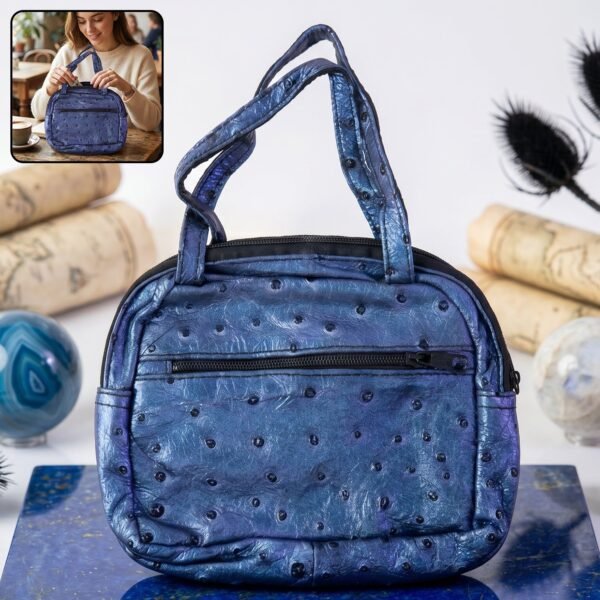 Mini Zipper Handbag – Metallic Blue Ostrich Pattern for Women