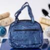 Mini Zipper Handbag – Metallic Blue Ostrich Pattern for Women