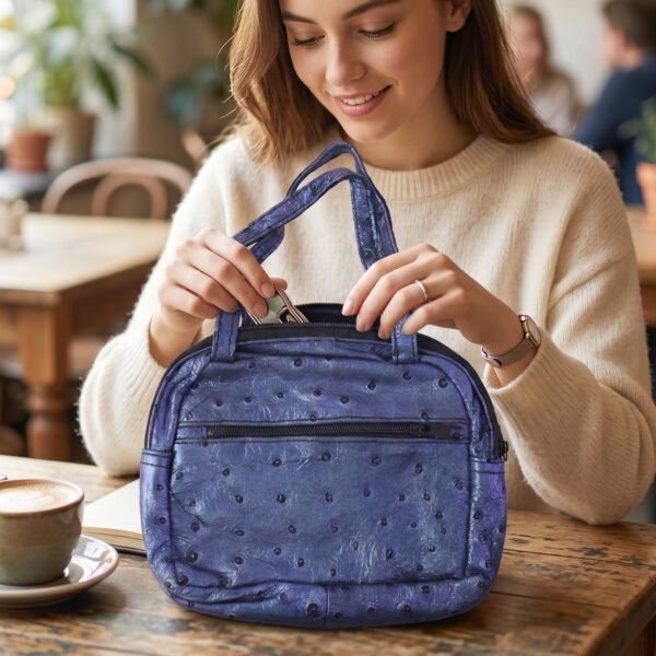 Mini Zipper Handbag – Metallic Blue Ostrich Pattern for Women