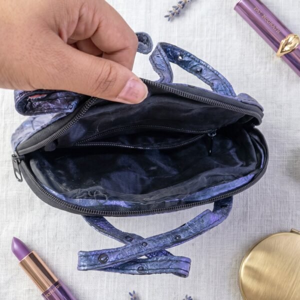 Mini Zipper Handbag – Metallic Blue Ostrich Pattern for Women