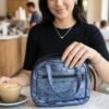 Mini Zipper Handbag – Metallic Blue Ostrich Pattern for Women