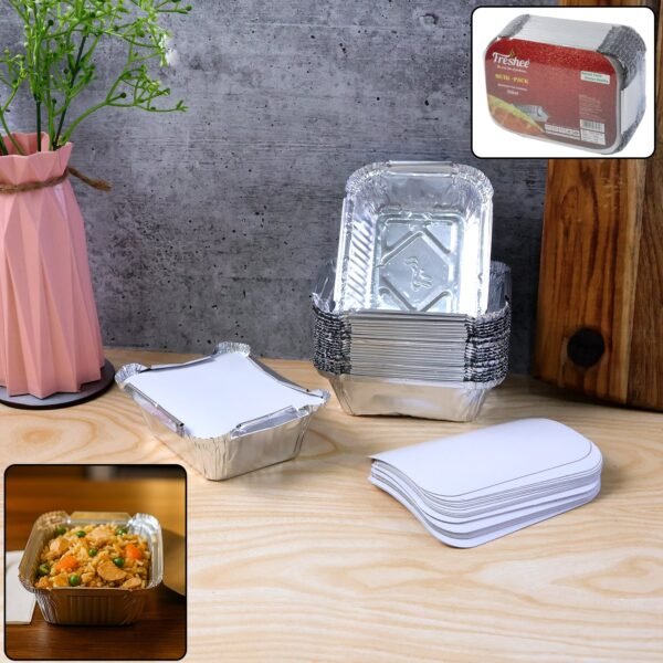 SilverFoilContainer2-WOSKU-01 250 ml Disposable Aluminium Food Containers with Lids – Leak-Resistant Pack of 25