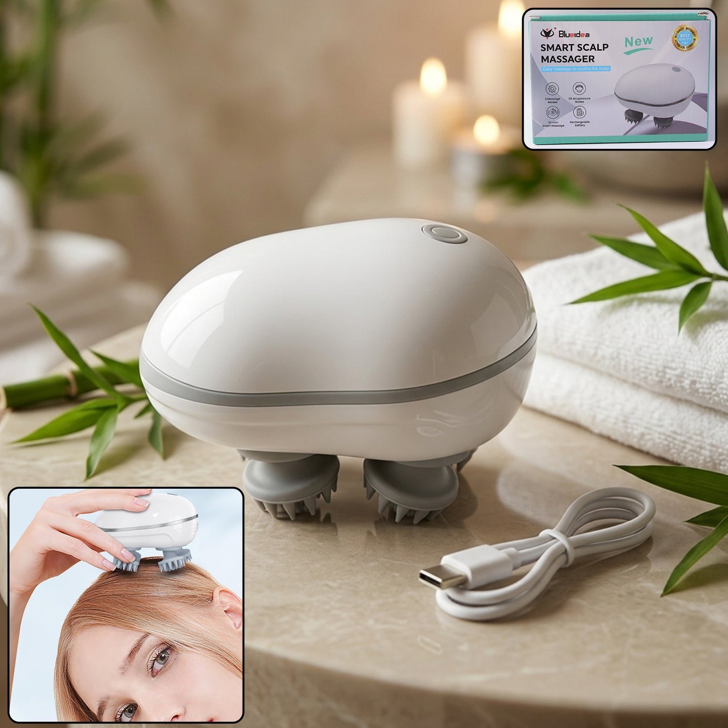 SmartScalpMassager-01 Electric Scalp Massager – Portable USB Rechargeable with 4 Heads