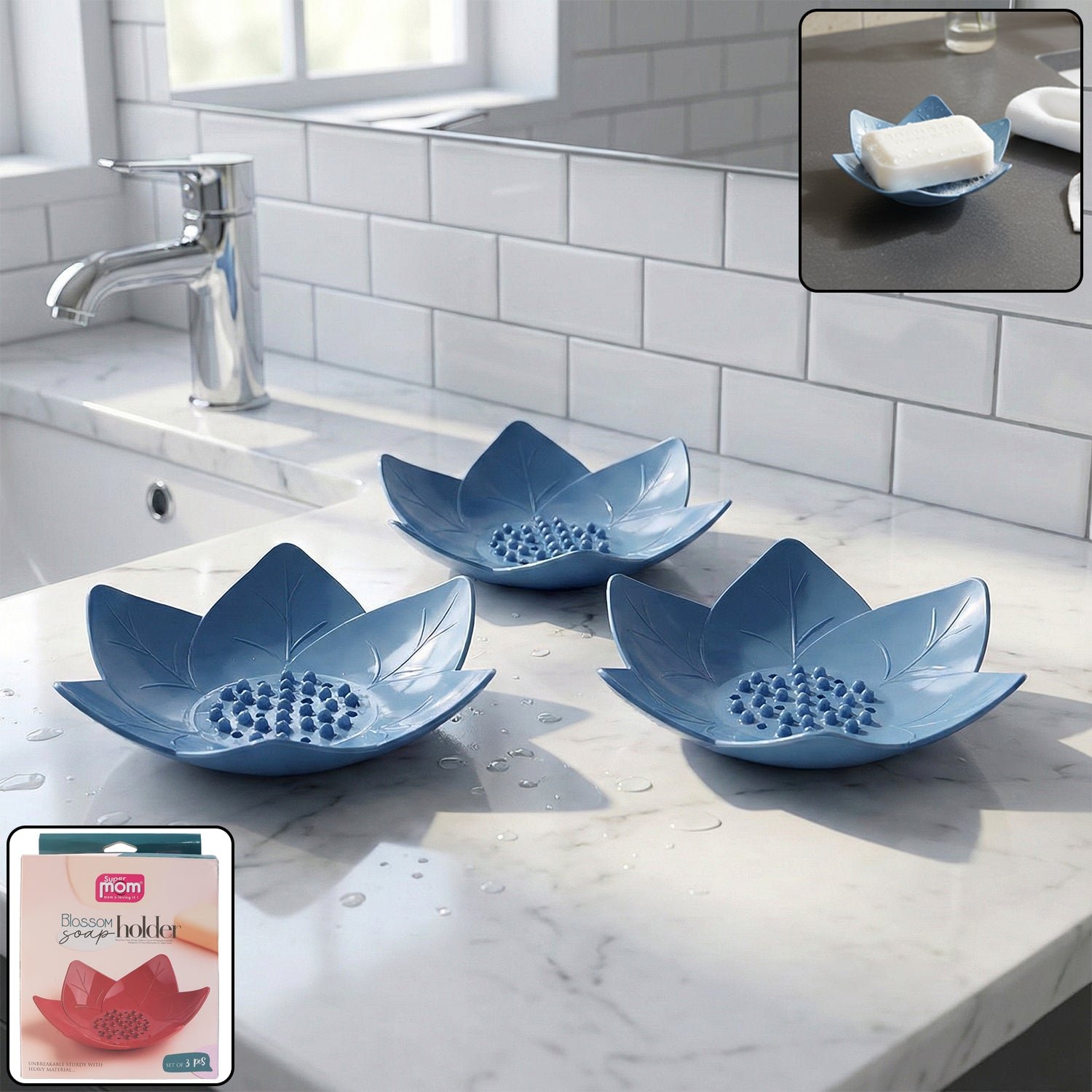 Lotus Blossom Soap Holder Set – 3-Piece Fast Drain Soap Dish