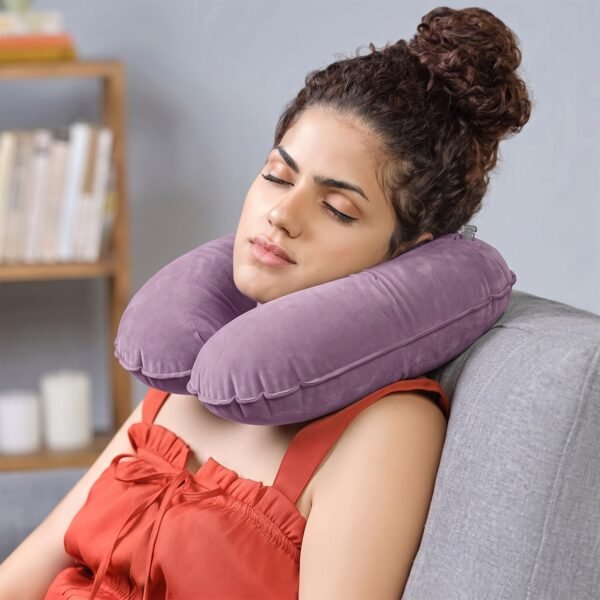 Inflatable U Shape Velvet Travel Neck Pillow for Flight Rest (1 Pc)