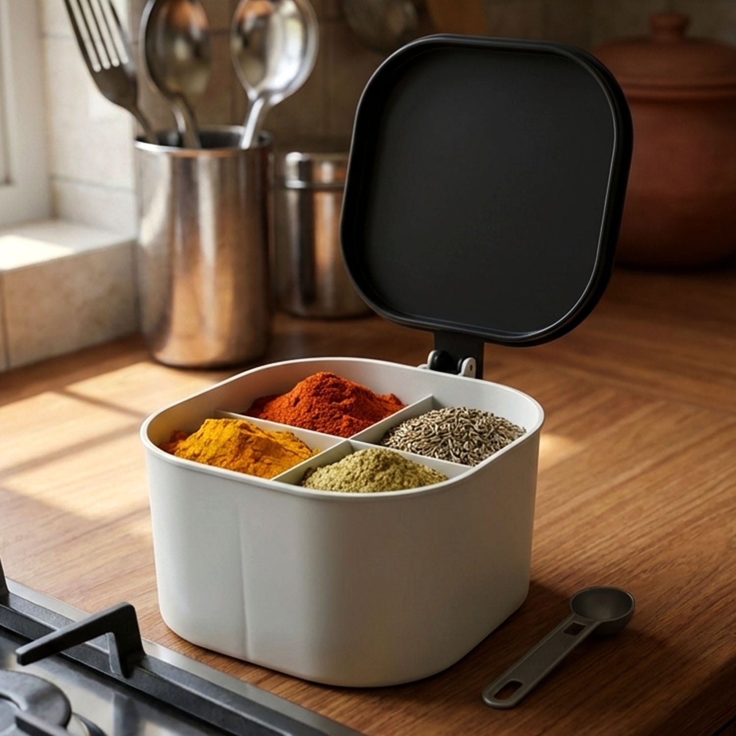 Masala Box – 4-Section Plastic Spice Organizer for Kitchen | Organivo