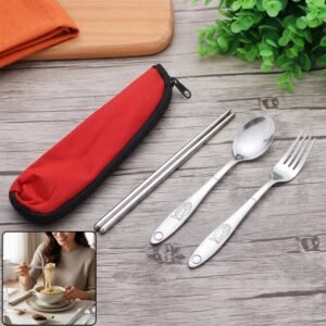 Portable Stainless Steel Cutlery Set Spoon Fork Chopsticks with Pouch (4 Pc Set)