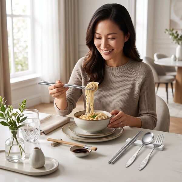 Portable Stainless Steel Cutlery Set Spoon Fork Chopsticks with Pouch (4 Pc Set)