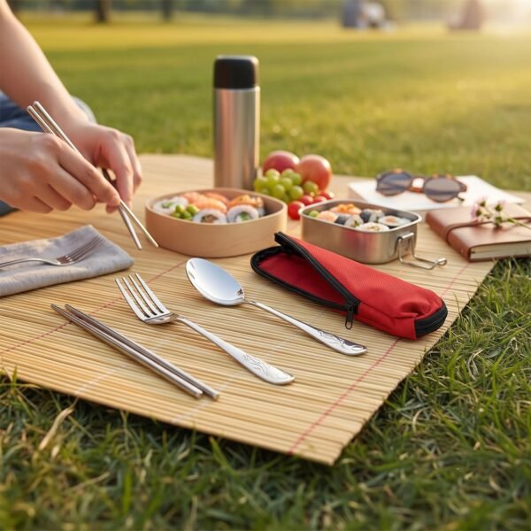 Portable Stainless Steel Cutlery Set Spoon Fork Chopsticks with Pouch (4 Pc Set)
