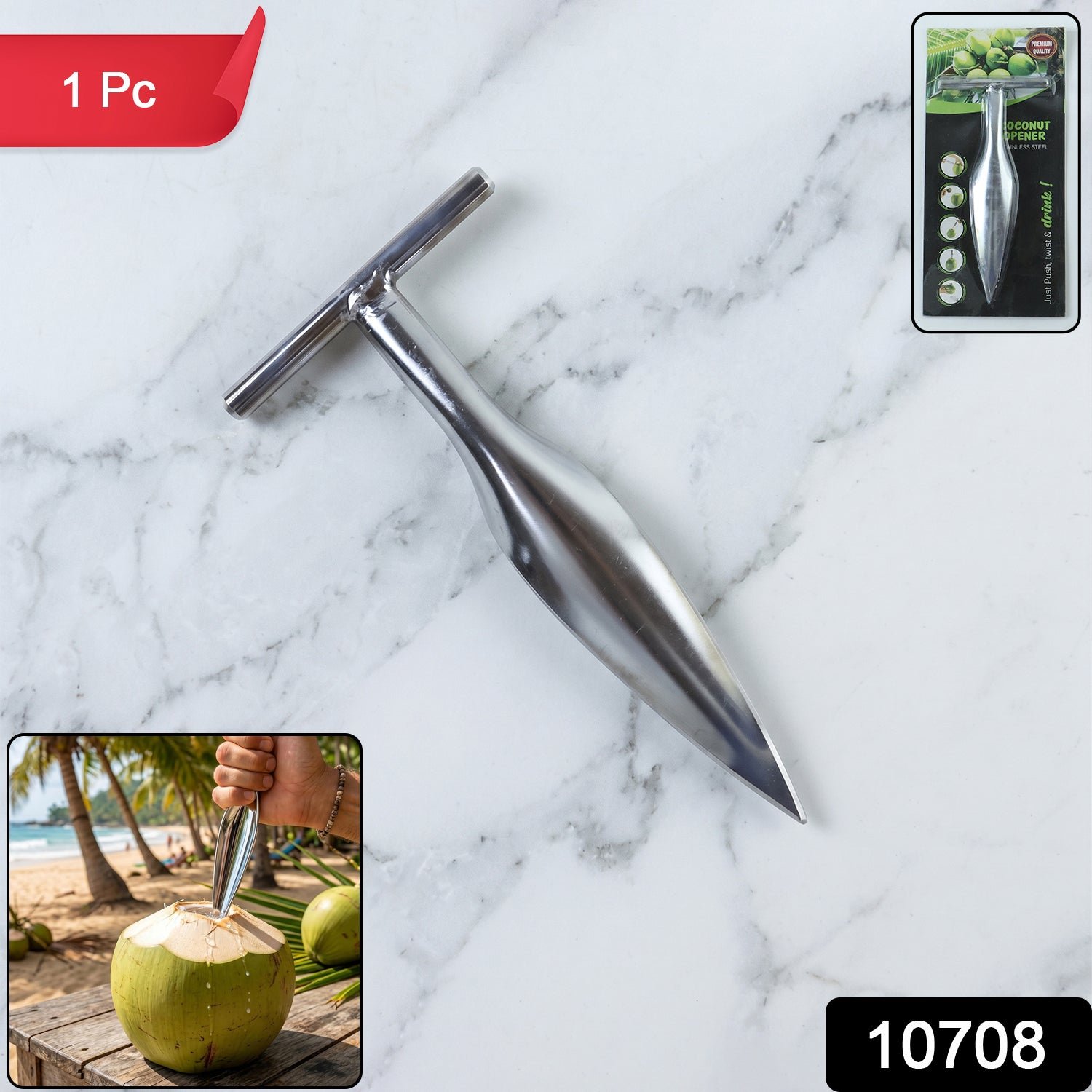 Coconut Breaker – Stainless Steel with Comfortable T-Handle Grip