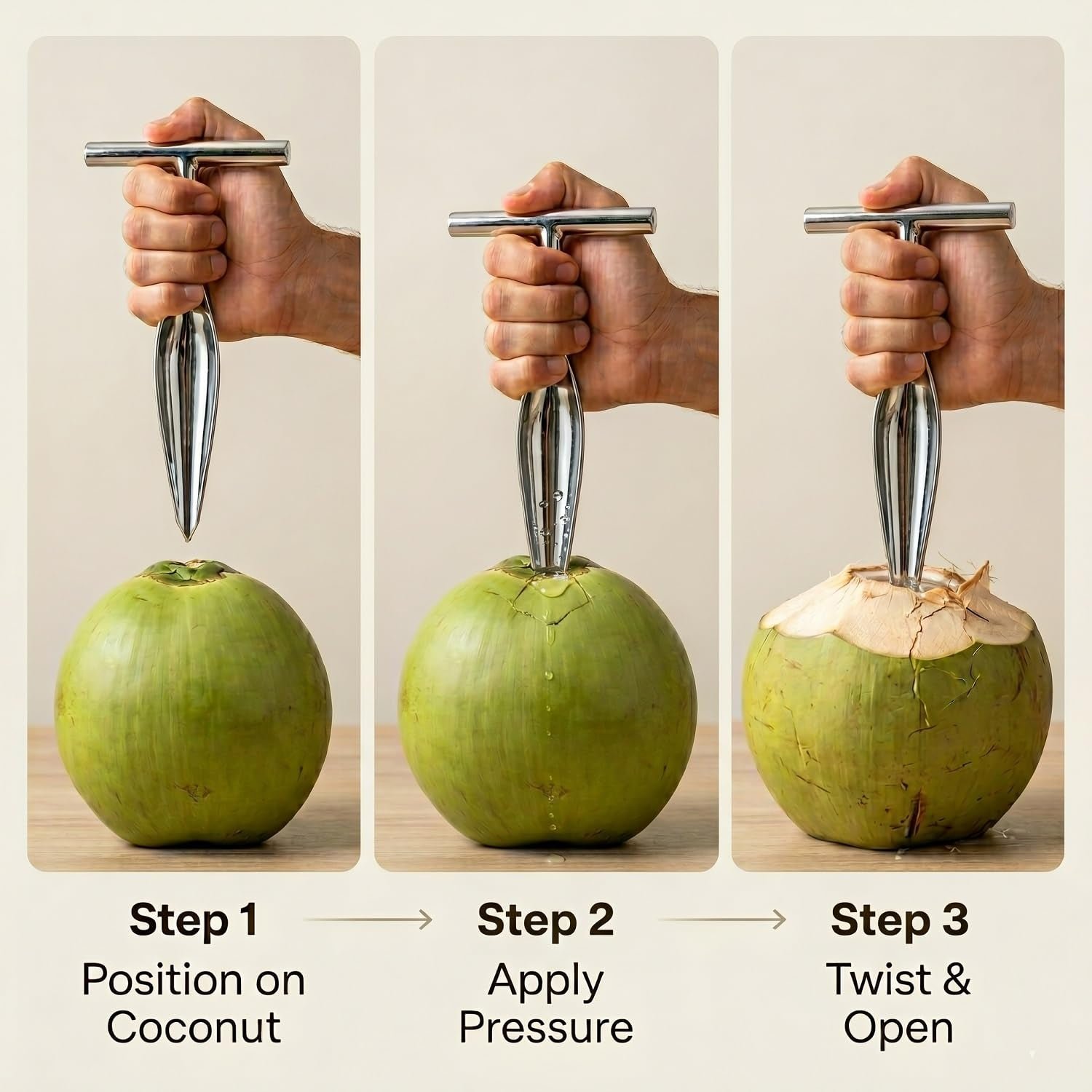 Coconut Breaker – Stainless Steel with Comfortable T-Handle Grip