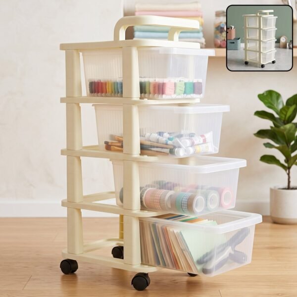 4-Tier Plastic Storage Trolley with Wheels, Rolling Drawer Organizer Cart (1 Pc)