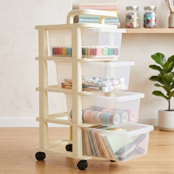 4-Tier Plastic Storage Trolley with Wheels, Rolling Drawer Organizer Cart (1 Pc)