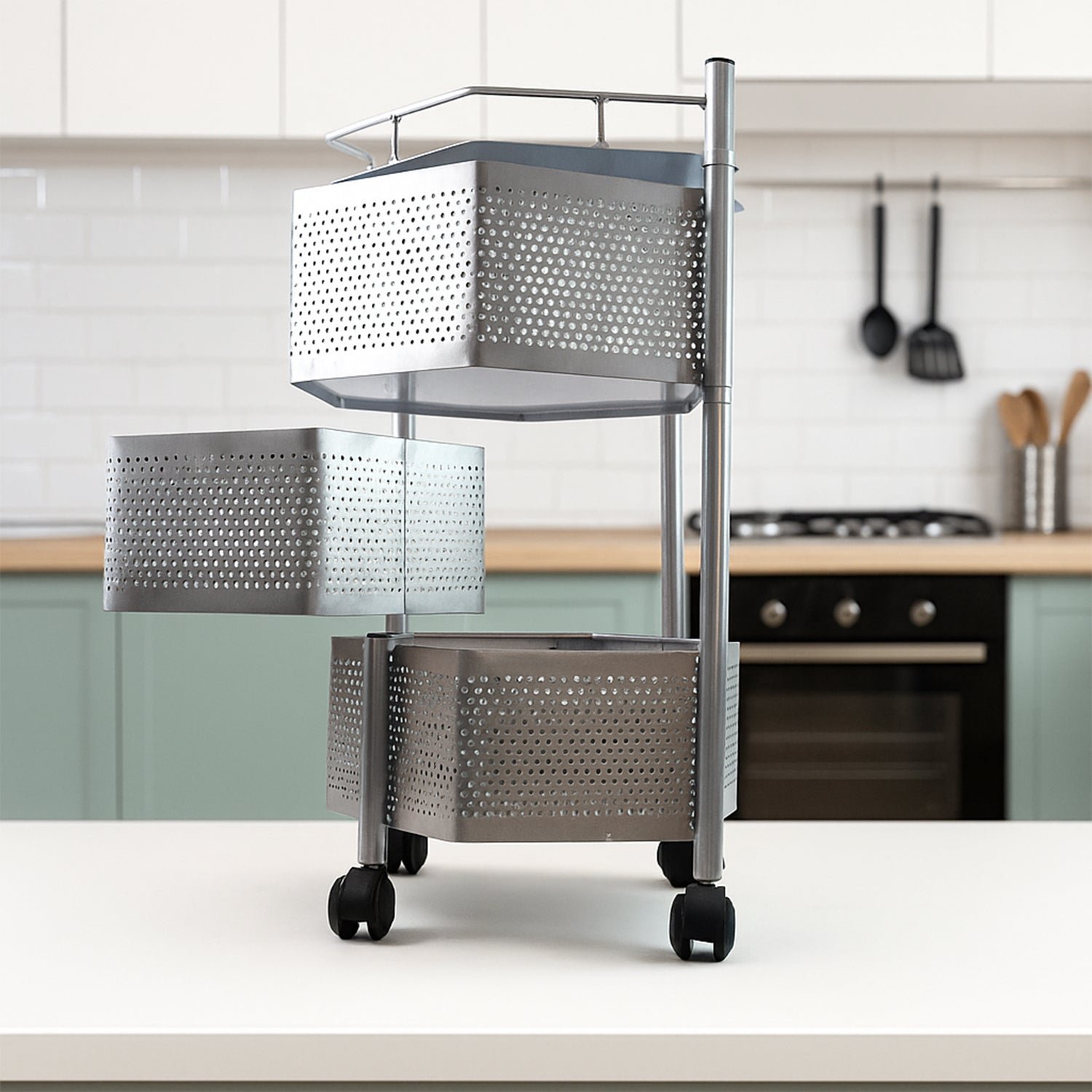 Kitchen Storage Trolley – Premium 3-Layer Hexagon Metal Organizer with Wheels