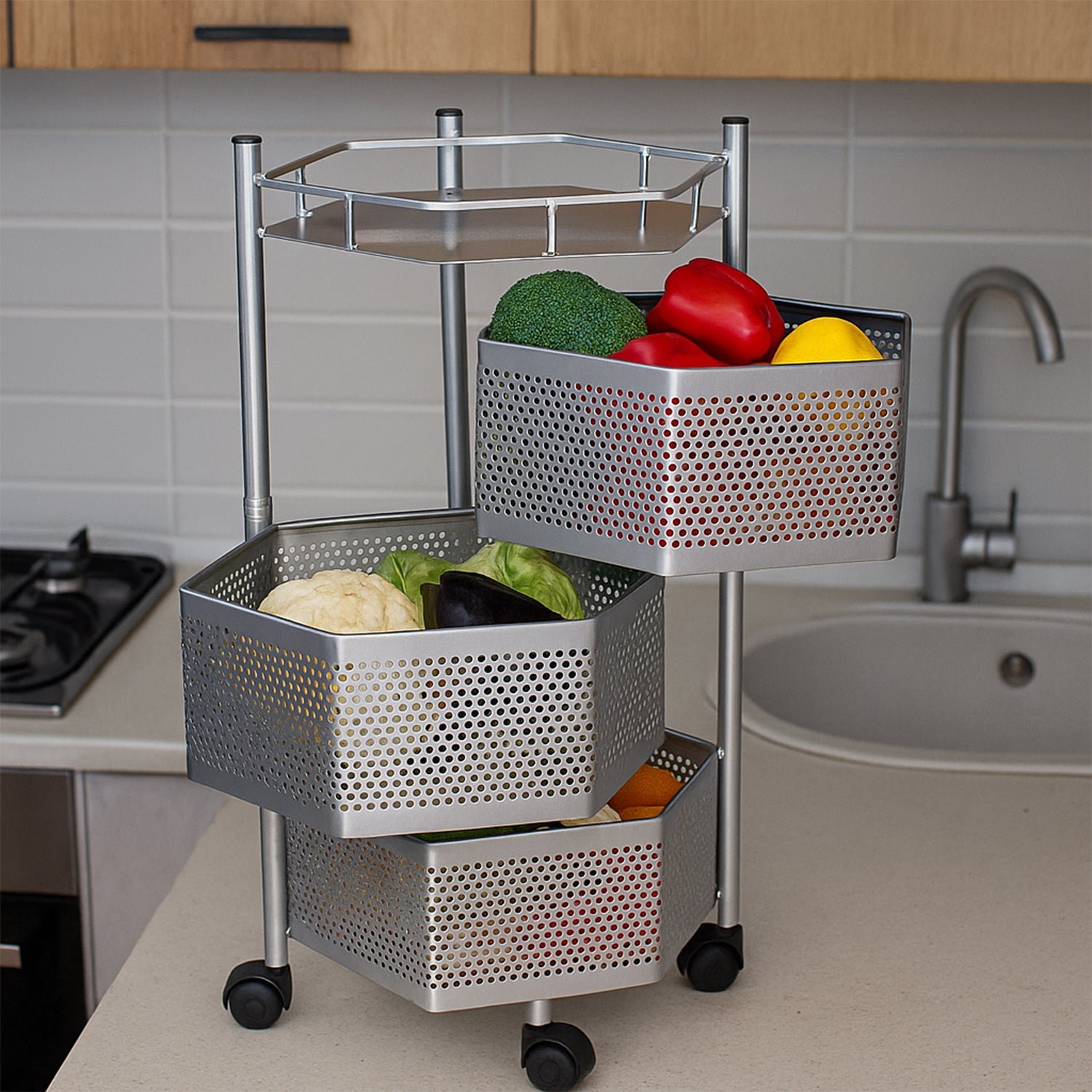 Kitchen Storage Trolley – Premium 3-Layer Hexagon Metal Organizer with Wheels
