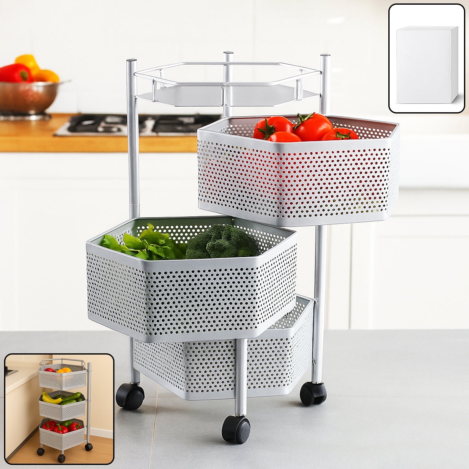 StorageRack-WOSKU-01 Kitchen Storage Trolley – Premium 3-Layer Hexagon Metal Organizer with Wheels