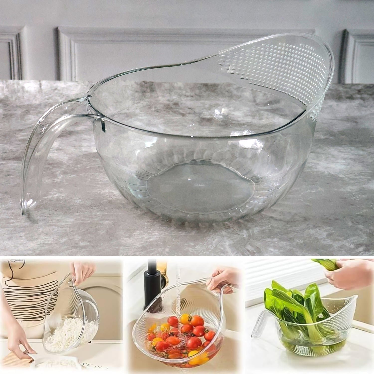 Transparent Plastic Bowl with Handle – Large Multipurpose Kitchen Basket