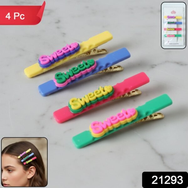 SweetHairclip-WKSU-01 Sweet Text Hair Clip Set – Trendy Lightweight Fashion Pins (4 Pc)
