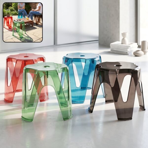 Transparent Plastic Stool Set – Indoor Outdoor Stackable 4 Pc