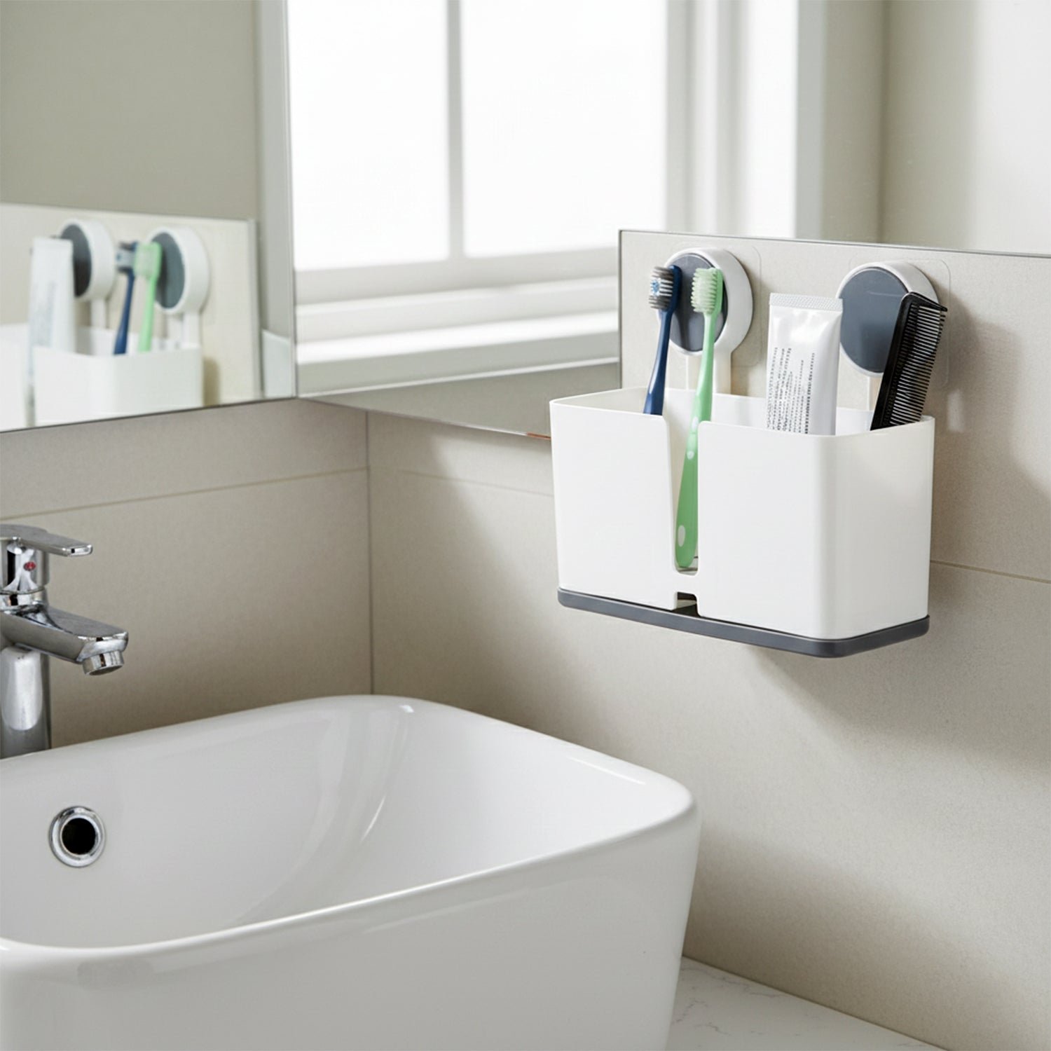 Wall Mounted Toothbrush Holder – 3 Compartments with Adhesive Install