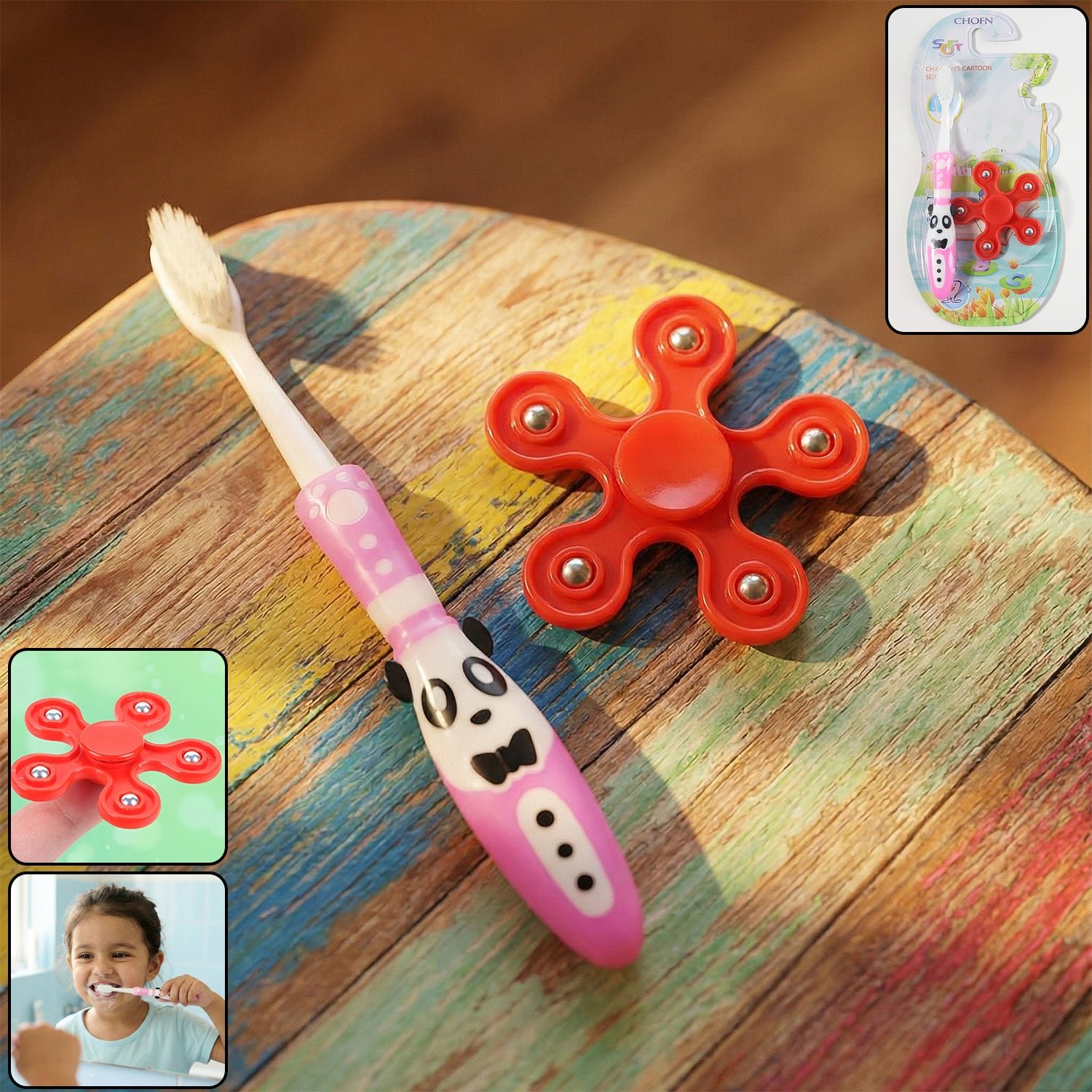 Kids Toothbrush – Fun Panda Design with Fidget Spinner Toy Set