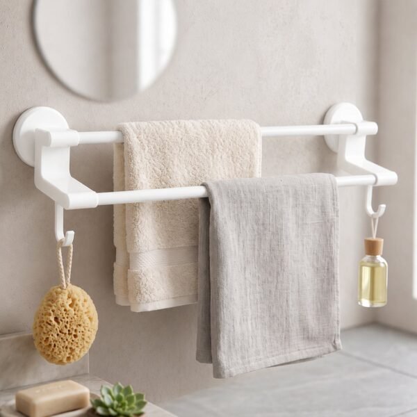Wall Mounted Double Bar Towel Holder Rack with Side Hooks (1 Pc)