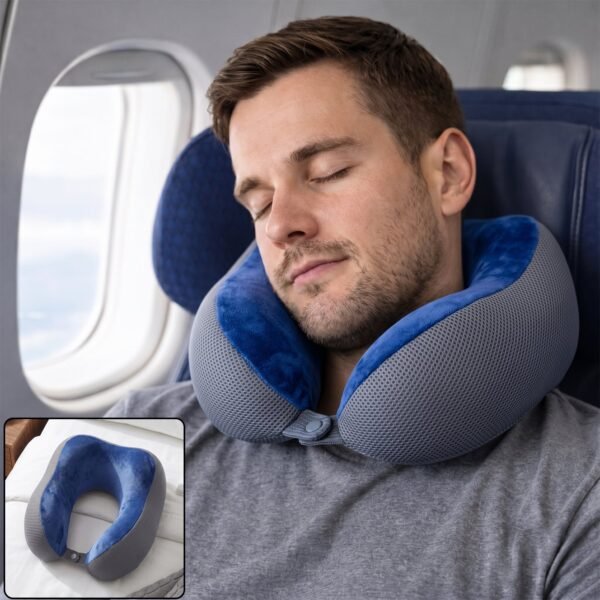 U Shaped Memory Foam Neck Pillow Blue Grey Travel Pillow with Snap (1 Pc)