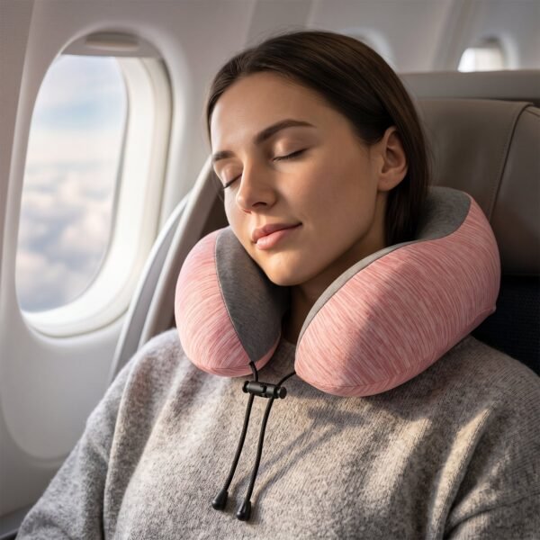 U Shaped Travel Neck Pillow Pink Grey with Drawstring Toggle (1 Pc)