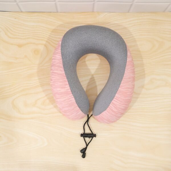 U Shaped Travel Neck Pillow Pink Grey with Drawstring Toggle (1 Pc)