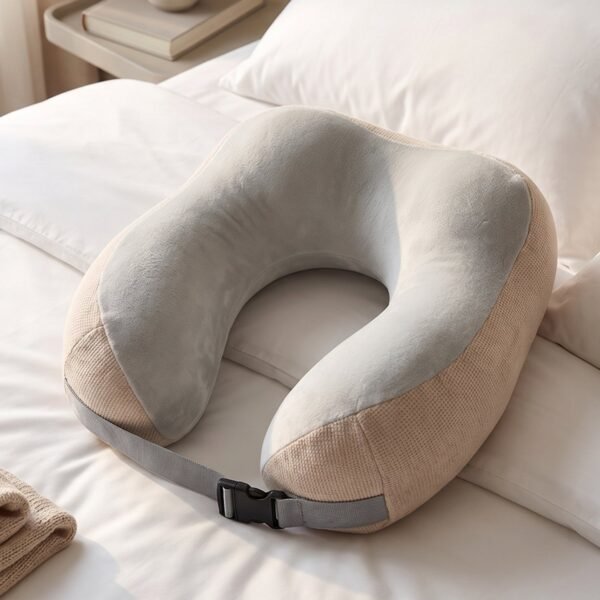 TravelNeckPillow09-05 U Shaped Memory Foam Travel Neck Pillow Beige with Buckle Strap (1 Pc)