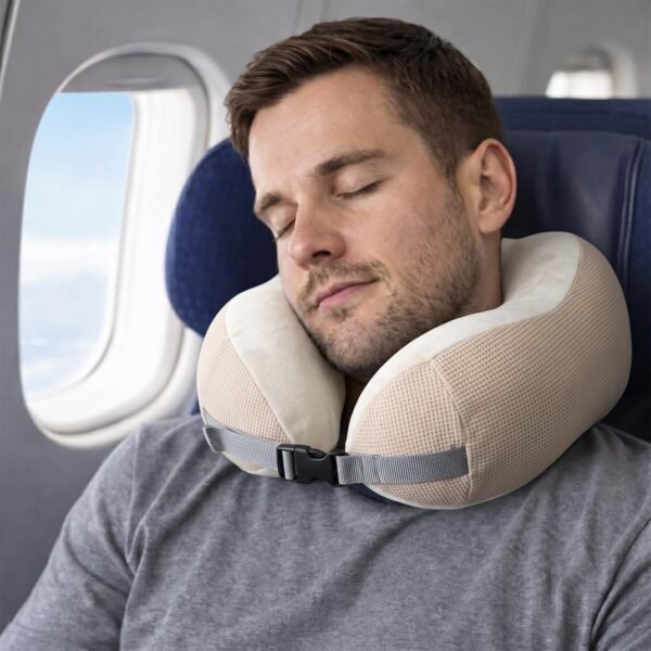 TravelNeckPillow09-06 U Shaped Memory Foam Travel Neck Pillow Beige with Buckle Strap (1 Pc)