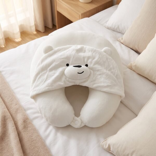 TravelhoodNeckPillow-03.jpg U Shaped Hooded Neck Pillow White Bear Travel Pillow with Hood Cap (1 Pc)