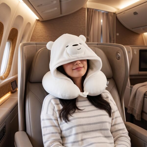 TravelhoodNeckPillow-06.jpg U Shaped Hooded Neck Pillow White Bear Travel Pillow with Hood Cap (1 Pc)