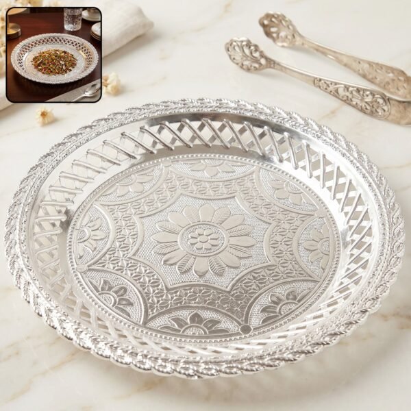 Decorative Silver Serving Tray – Elegant Round Floral Design