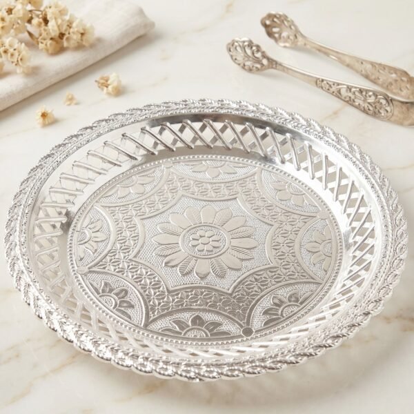 Decorative Silver Serving Tray – Elegant Round Floral Design