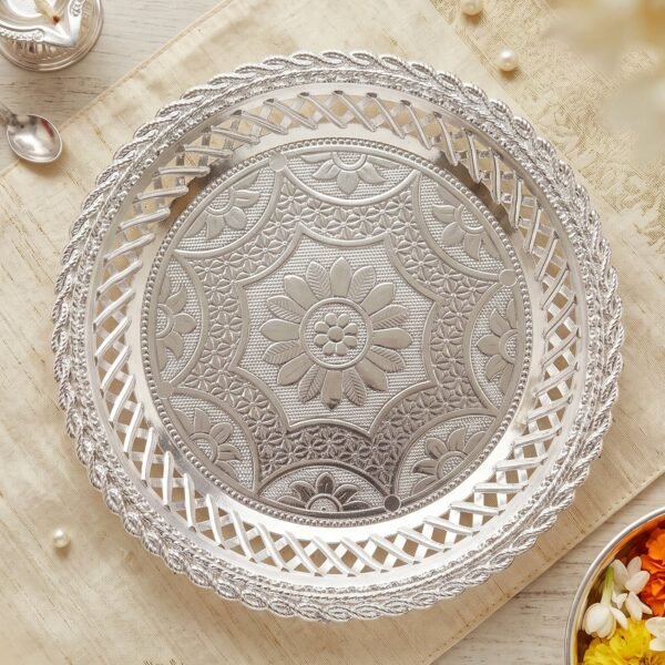 Decorative Silver Serving Tray – Elegant Round Floral Design