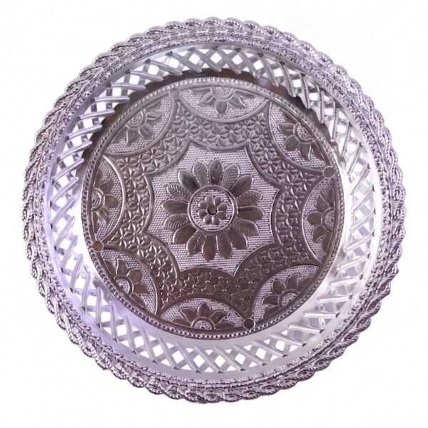 Decorative Silver Serving Tray – Elegant Round Floral Design