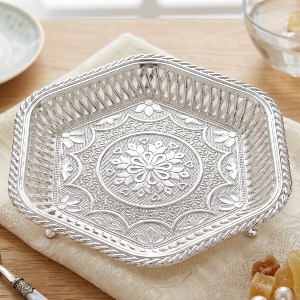 Decorative Silver Serving Tray – Traditional Embossed Floral Design